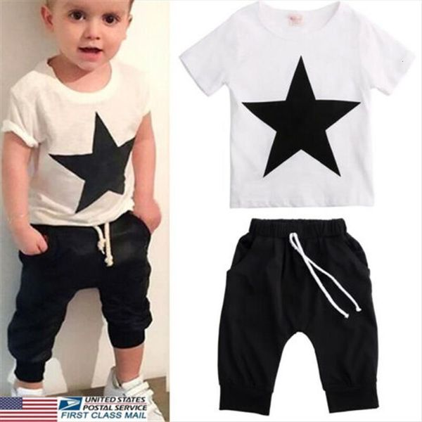 

2 7years kids boys clothes set pentagram star print t shirt for black long pants children infant outfits, White