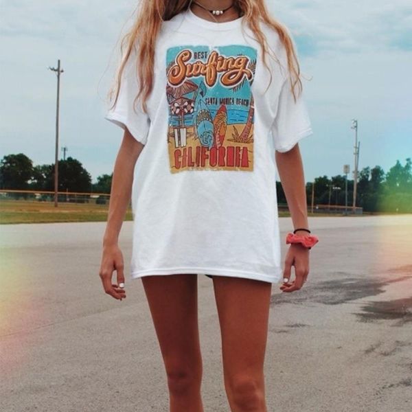 

kuakuayu hjn 1pcs the women t shirt surfing santa monica california retro style vacation beach summer casual oversized tee, White