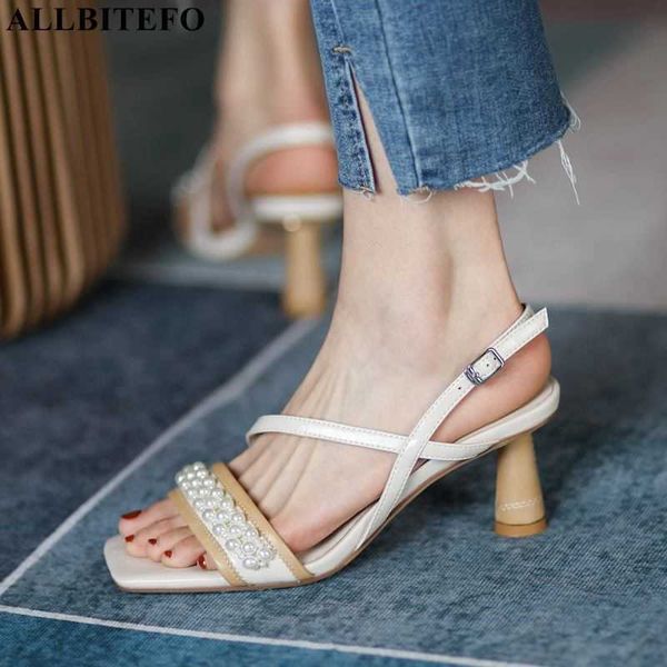 

allbitefo thin heel square toe soft genuine leather summer women heels sandals fashion girls shoes sandals for girls 210611, Black