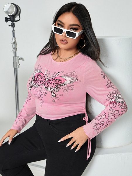 

plus butterfly print knot side tee d89o#, Black