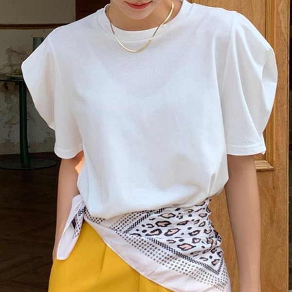

women's t-shirt 2021 summer korean fashion temperament simple loose round neck solid color puff sleeves all-match top, White