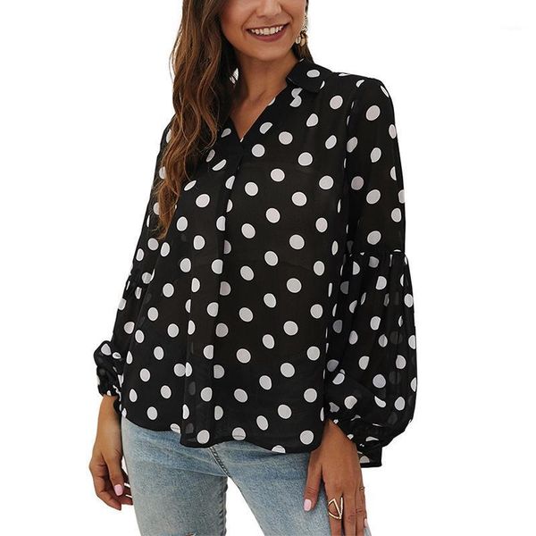 

women polka dot shirt blouse lapel long sleeve casual summer beach bmf88 women's blouses & shirts, White