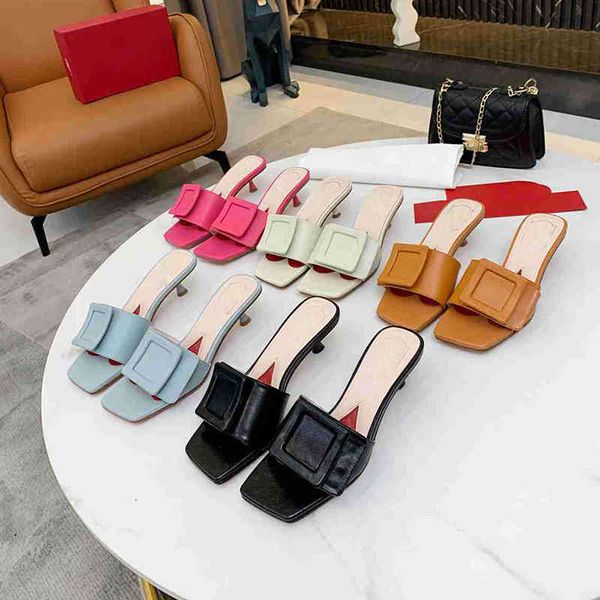

2021 square button slippers designers genuine leather women sandals non-slip wear-resisting flat slides rv luxuyr low heel sandal desig, Black