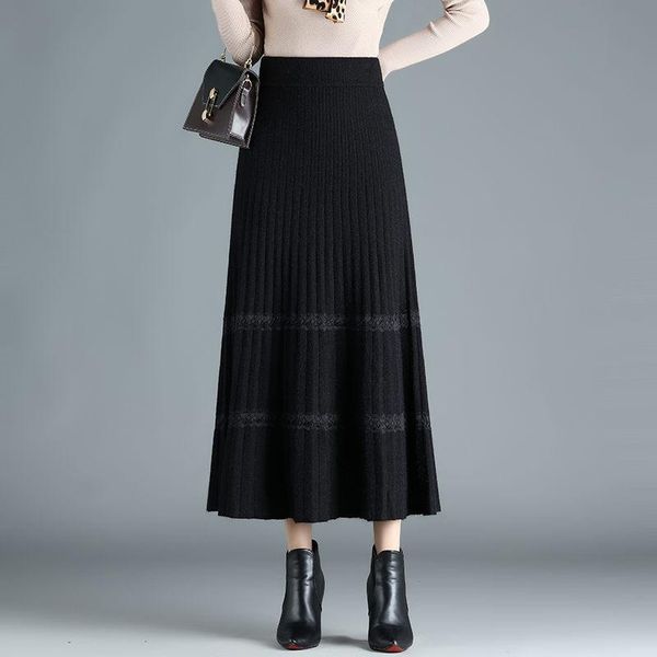 

skirts wool knitted long skirt women's autumn and winter all-match temperament slim thick loose large swing a-line black y543