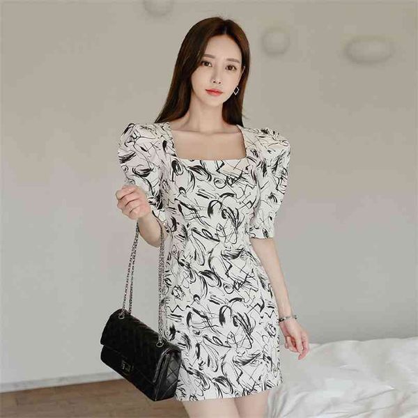 

vintage square neck bodycon dress short puff sleeve summer women elegant floral print mini party 210603, Black;gray