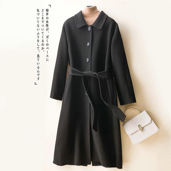 

women's wool & blends korean loose double-sided cashmere coat 2021 lapel autumn winter harajuku tweed, Black