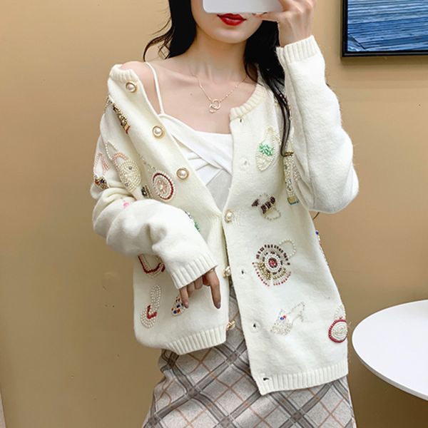 

t shirt beaded sweater women fall runway knitted bags shoes pattern o-neck single breasted cardigan, White