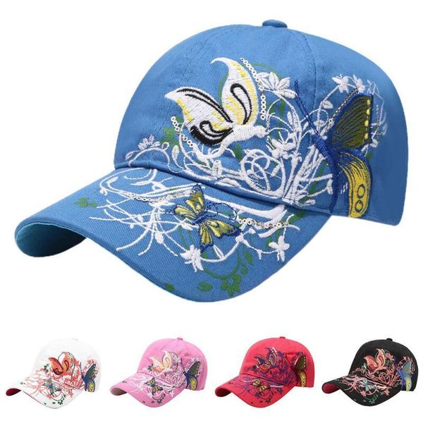 

wide brim hats women men sun embroidery butterfly baseball cap adjustable summer sequin protect hat for woman, Blue;gray