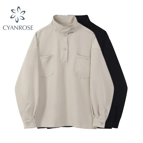 

womens fashion blouse spring korean turtleneck button pullover shirt lady pocket long sleeve solid elegant loose blusas 210430, White