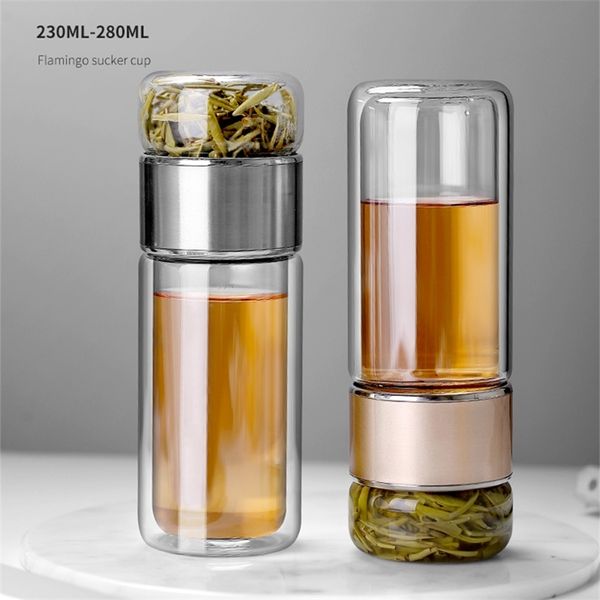 Glaswasserflasche mit Tee-Ei, Filtertrennung, doppelwandig, auslaufsicher, My 230 ml 280 ml 220217