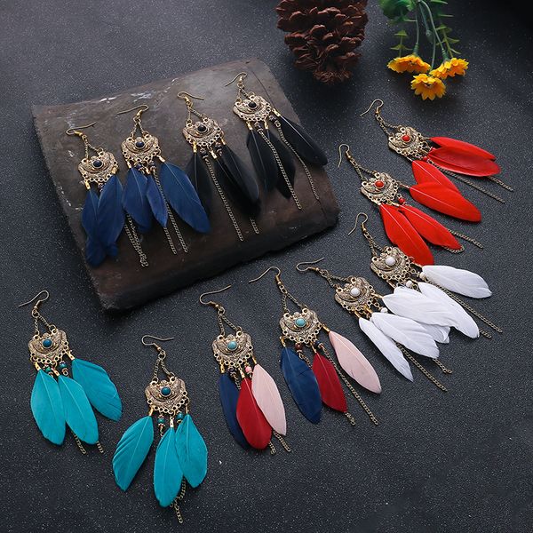 

boho summer blue long feather dangle earrings for women vintage silver color flower beads tassel earings fashion jewelry oorbellen