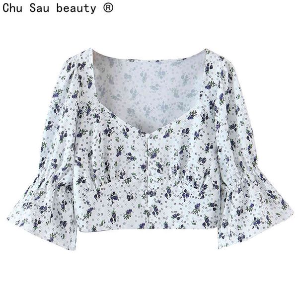 

french pastoral style vintage floral print square collar single-breasted puff sleeve shirt women's short crop 210508, White