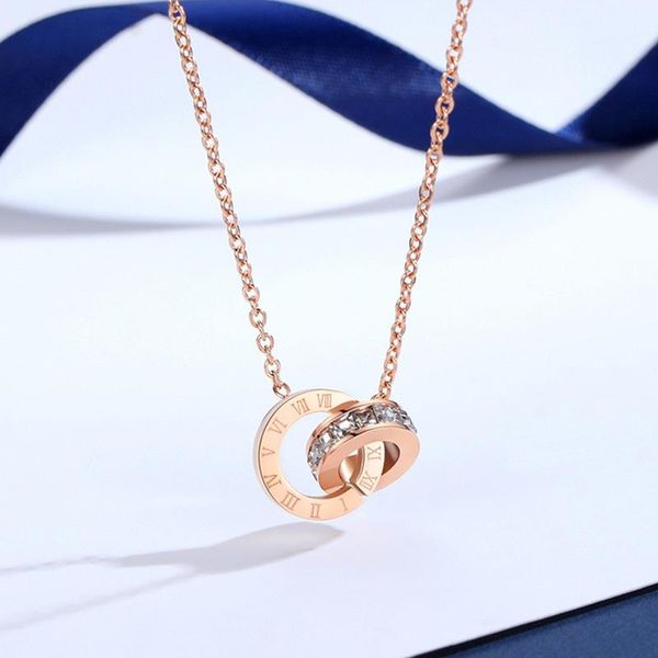 

chains titanium steel necklace female 18k rose gold roman numerals double ring diamond clavicle chain choker all-match item, Silver