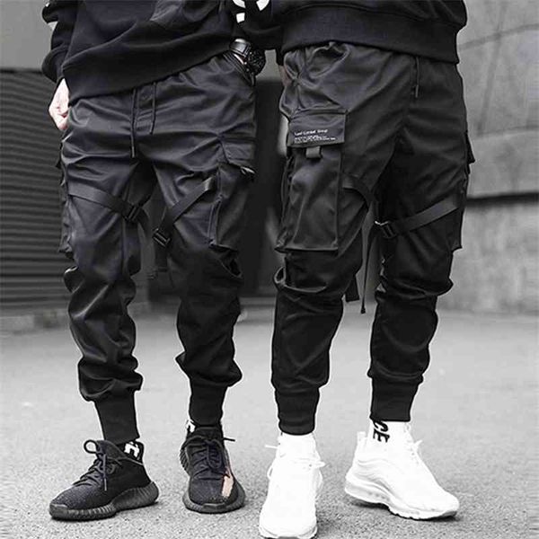 

lacible ribbons hip hop cargo pants men black pocket streetwear harajuku techwear pants trousers harem joggers sweatpants 210406