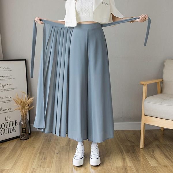 

skirts chiffon women's summer 2021 korean high waist slim versatile lace up pleated casual pants, Black