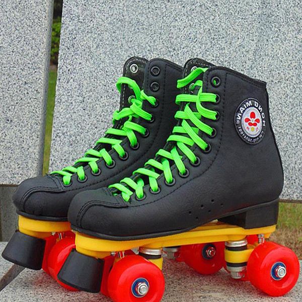 

black pu roller skates 2 double row 4 wheels men women leather skating shoes sliding quad quality sneakers training inline &