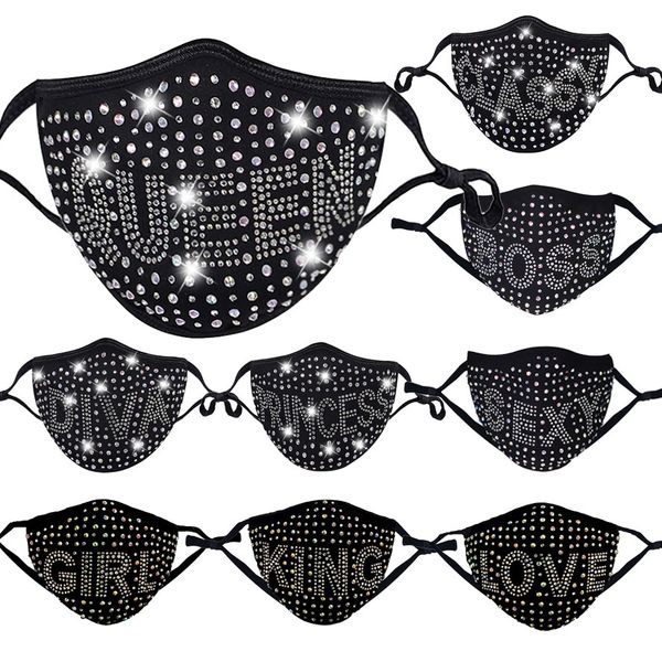 Máscaras de diamante preto com broca rainha sexy amor rei chefe de algodão rosto máscara mulheres poeira anti dust névoa strass facemak em estoque