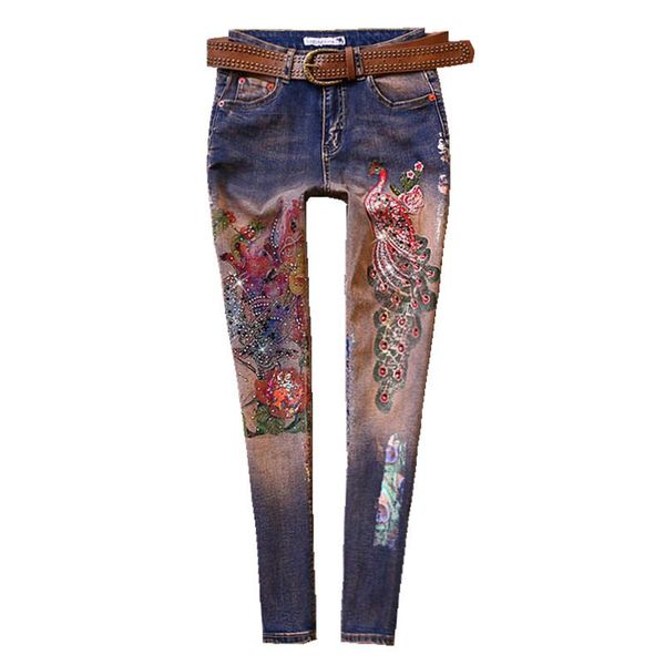 

women's jeans rand fashion high-end luxury autumn vintage eacock embroidery diamond stamping slim feet pencil, Blue