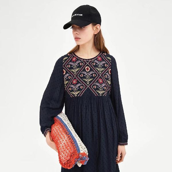 

casual dresses la maxza 2021 floral dress for women trendy embroidery royal blue ethnic o-neck long sleeves 101003, Black;gray