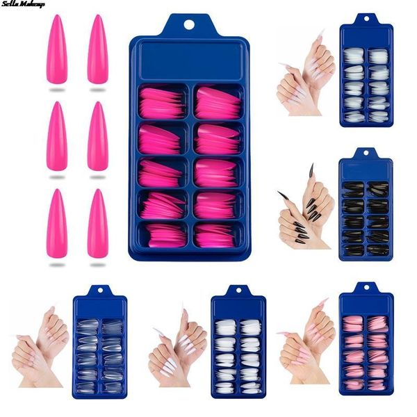 

false nails 100pcs long stiletto artificial fake black full cover impress press on tips fingernails woman manicure, Red;gold
