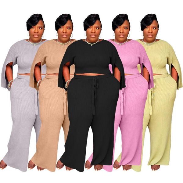 

women's two piece pants cutubly plus size women sets loose casual 2 set for girls solid slit long sleeve shirt and wide leg suit, White
