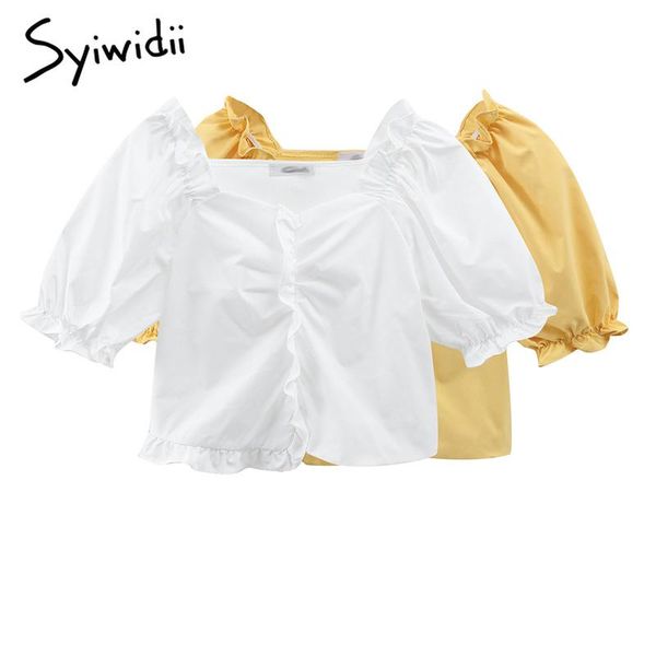 

women's blouses & shirts syiwidii vintage blouse women summer 2021 ruffles puff short sleeve square collar fashion clothing white yell