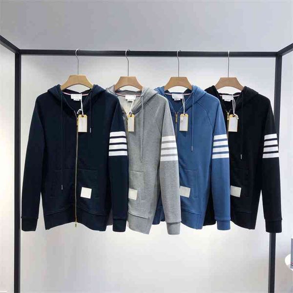 

korean tb lovers classic yarn dyed four bar loose casual sports zipper cardigan hooded sweater jacket autumn, Black