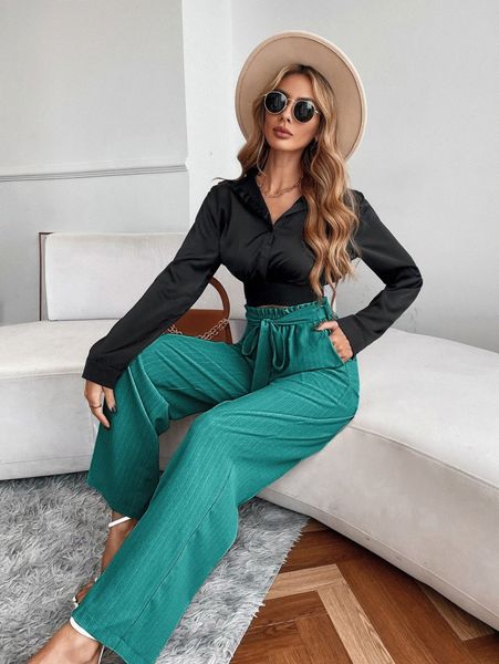 

paperbag waist slant pocket wide leg belted pants w9h1#, Black;white