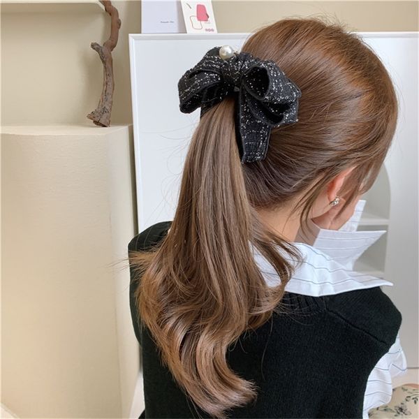

ovki korean sweet plaid big bow banana banana vertical pearl vertical barrettes hair clips horsetail clip hairpin headdress girl, Golden;silver