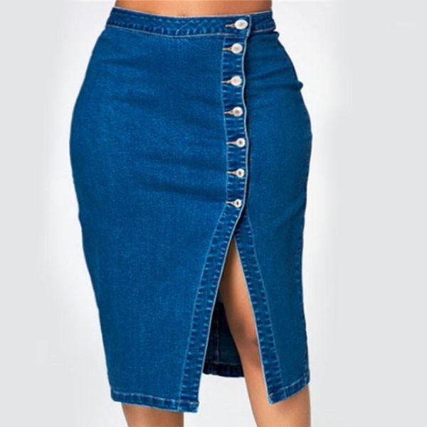 

button woman denim split midi skirts korean style clothes pencil plus size harajuku high waist vintage jeans skirt women, Black