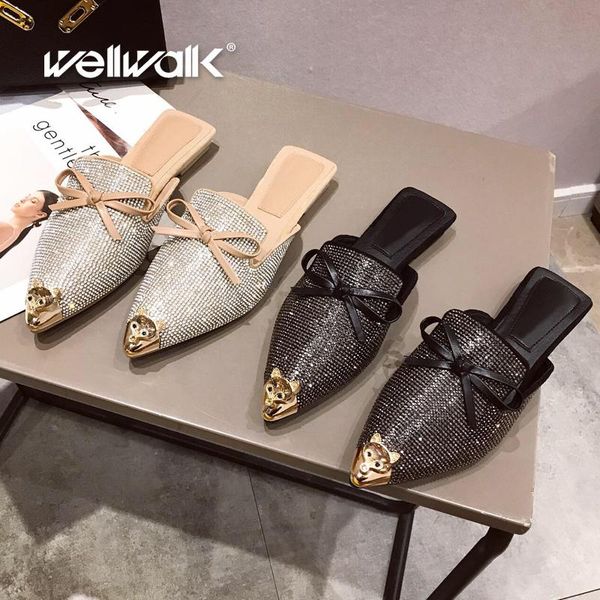 

slippers rhinestone mules women flat shoes pointed toe animal decoration slides butterfly knot dress loafers slip on shoe woman, Black