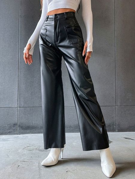 

pu dual pocket wide leg pants d3xn#, Black;white
