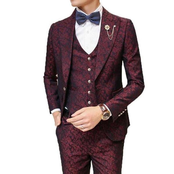 

male suit with pants wedding groom prom suits for men burgundy floral jacquard slim fit 2 pieces / set ( jacket + vest+pants) men's & b, White;black