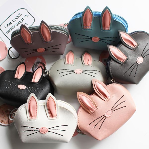 

korean style 3d rabbit ear pu leather card holder with hanging keychain bunny credit card coin purse holders party, White