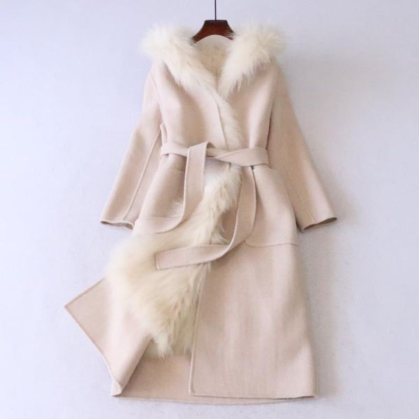

women's fur & faux women wool fashion winter coat hair collar hooded middle length office lady beige long sleeves warm female overcoats, Black
