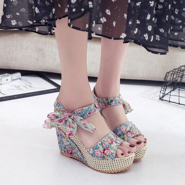 

dress shoes women wedge sandals high heel fashion ankle strap ladies summea136 open toe floral bowknot platform bohemia female, Black