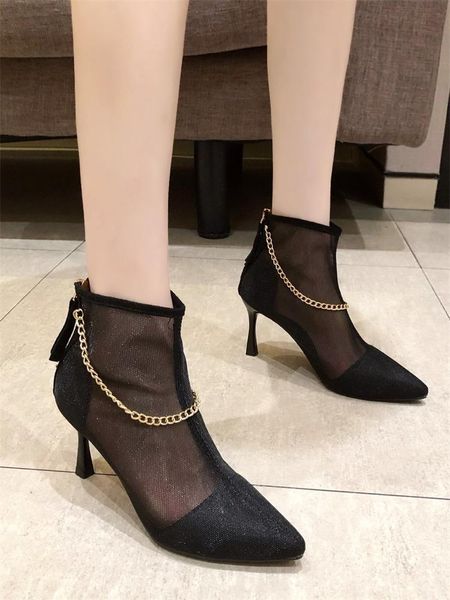 

boots temperament ladies short summer fashion pointed toe net yarn breathable high-heeled single, Black