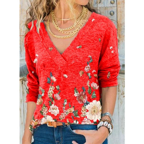 

women's t-shirt fashion women elegant v-neck floral printed female t shirts casual retro long sleeve lady tees top, White