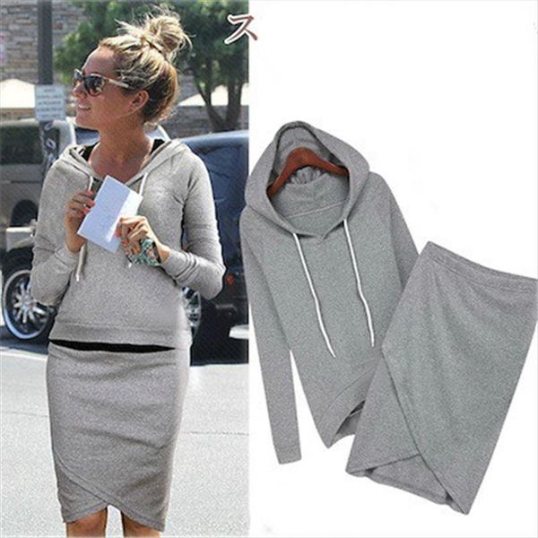

2 two piece set tracksuit womens tracksuits skirt and sets autumn long sleeve hooded casual suit fall woman clothes, Gray
