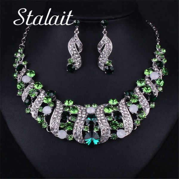 

vintage geometric silver color choker women jewelry sets necklace earrings wedding set bridal green rhinestone turkish jewelry h1022
