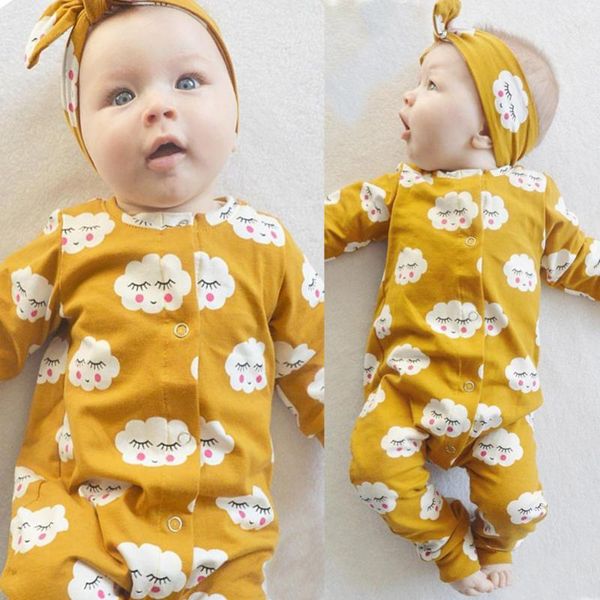 

clothing sets 2021 style baby girl clothes long sleeve cartoon shy cloud jumpsuit+headband infant 2pcs set outfits, White