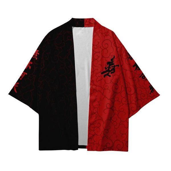 

ethnic clothing personality good and evil print japanese kimono cardigan men haori yukata male samurai costume beach men's shirt, Red
