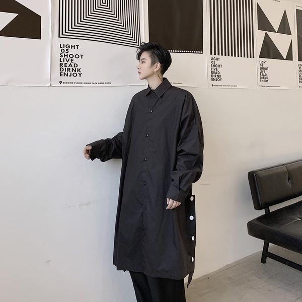 

men's casual shirts men oversize long sleeve loose button shirt male japan streetwear hip hop splice dress stage clothes, White;black