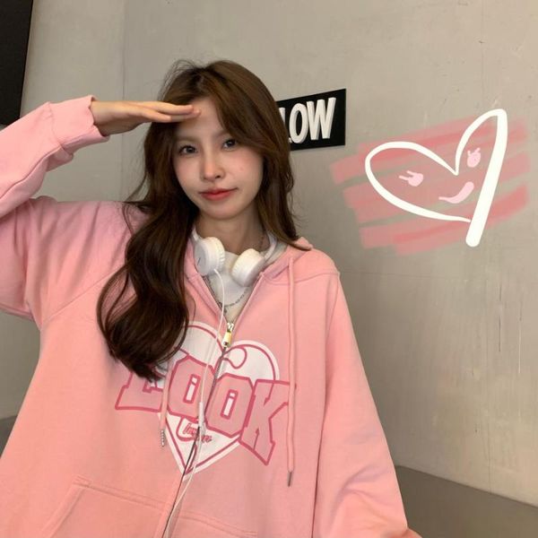 

women's hoodies & sweatshirts zip-up hoodie 2021 women hip hop streetwear graffiti heart letter print sweatshirt autumn harajuku punk o, Black