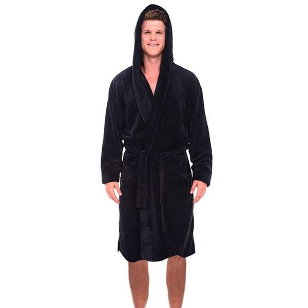 

sleepwear flannel male with hooded thick warm gown men's bathrobe winter extra long kimono mens bath robe pajamas, Black;brown