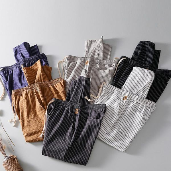 

men's pants drawstring linen jogging men summer white striped casual trousers loose straight joggers gray sport japanese streetwear, Black