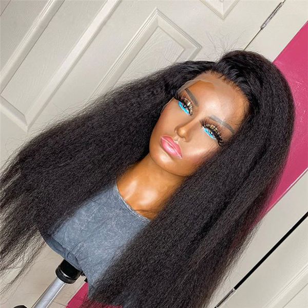 

26 inch yaki straight part black synthetic hair lace front wig high temperature fiber for black women 180% natural hairline
