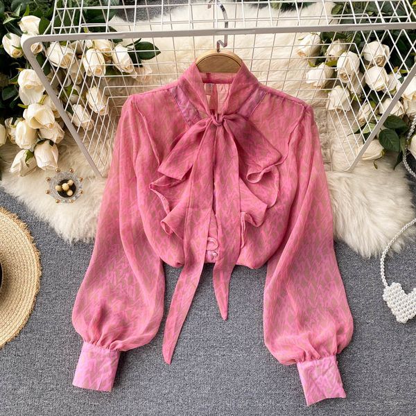 

dresses french sweet print blouse women bow collar sleeve single breasted spring casual loose pink office blouses, Black;gray