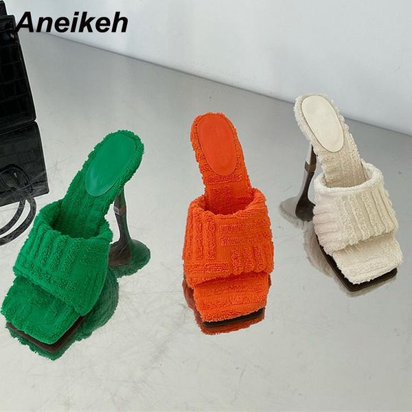 

slippers aneikeh trends knitted fabric summer shoes for home shallow warmth sandals women peep toe thin heel high mujer, Black