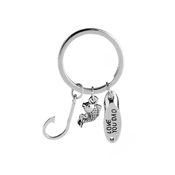 

fishing keychain father's day gift hand stamped fish & hook charms key chain personalized catch keyring gifts for dad, Slivery;golden